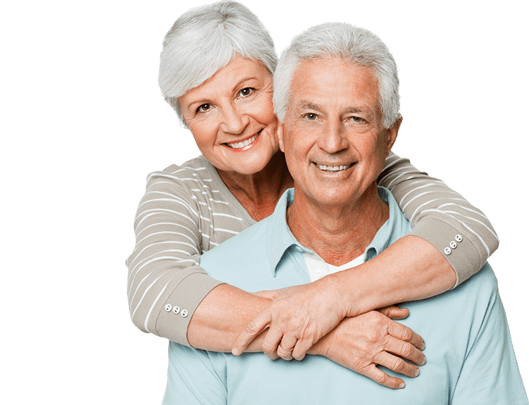 older woman with arms around an older man using anti-aging products